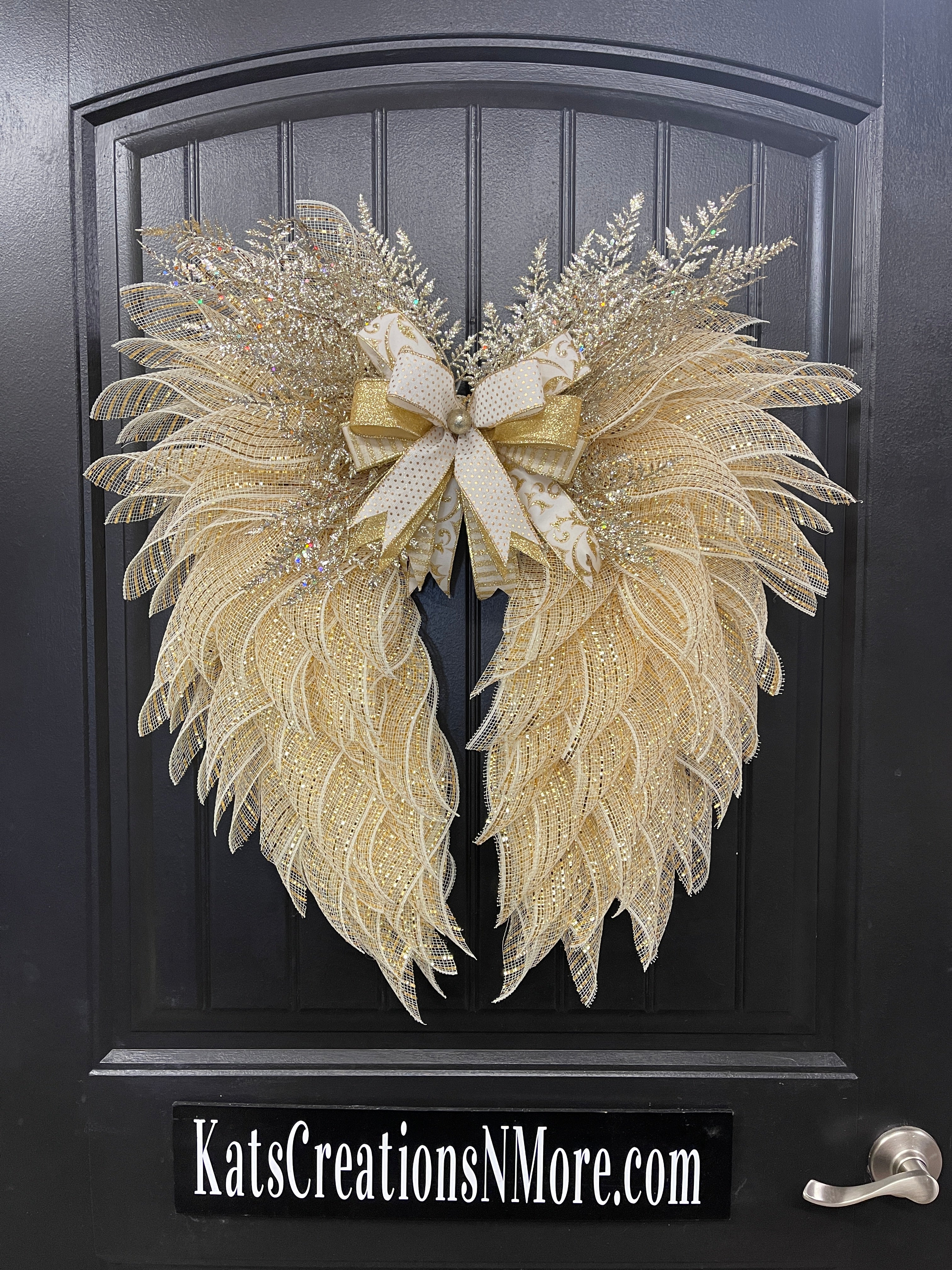 Gold and Cream Angel Wings Wreath, Christmas Holiday Angel Floral Wreath, KatsCreationsNMore