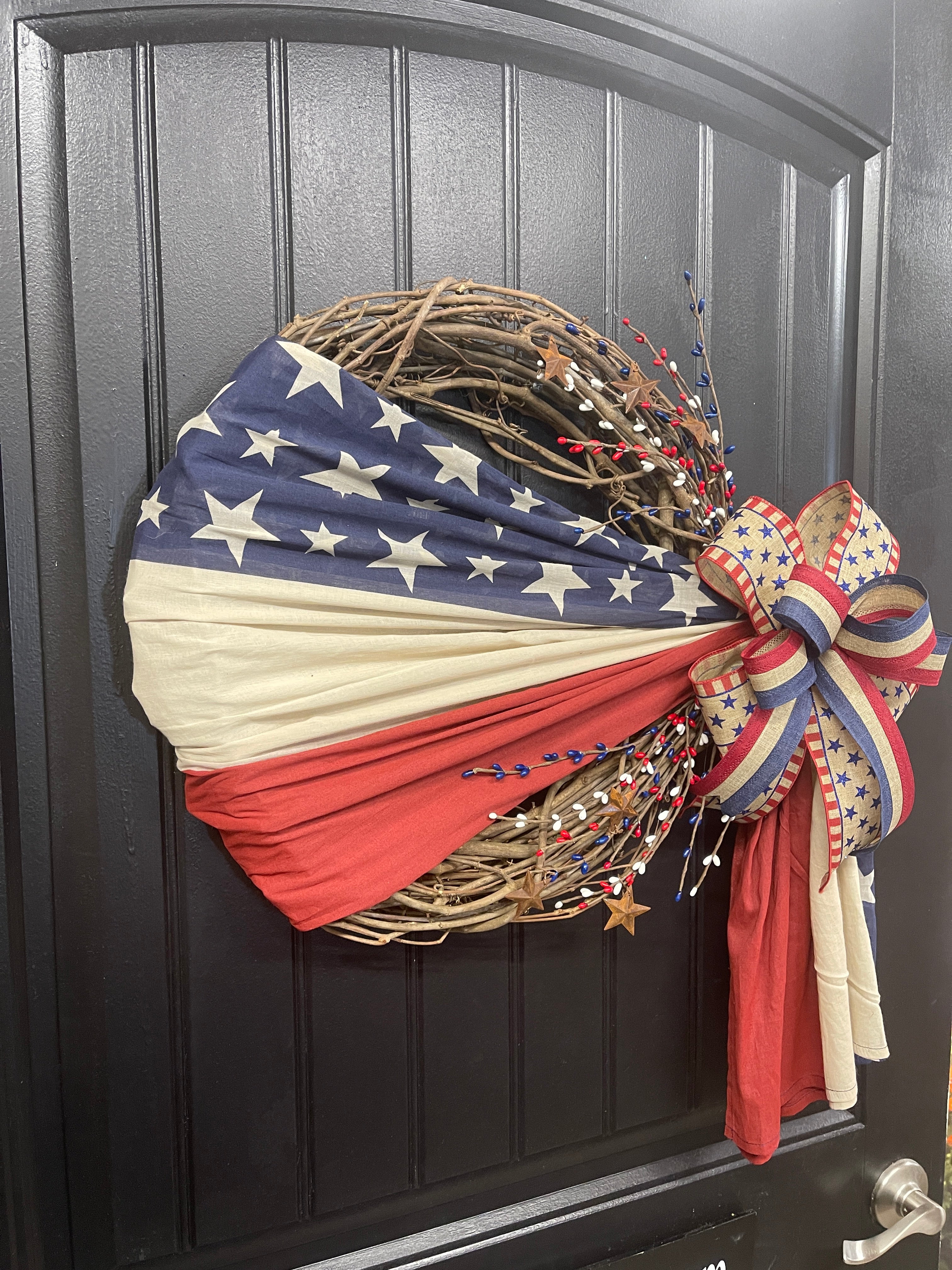 Rustic Americana Flag Grapevine Wreath | Patriotic Front Door Decor | 4th of July Wreath | Veterans Day | Rustic Country Americana Home Accent, KatsCreationsNMore