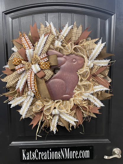 Country Rustic Chocolate Bunny Wreath, Farmhouse Easter Front Door Decor, KatsCreationsNMore