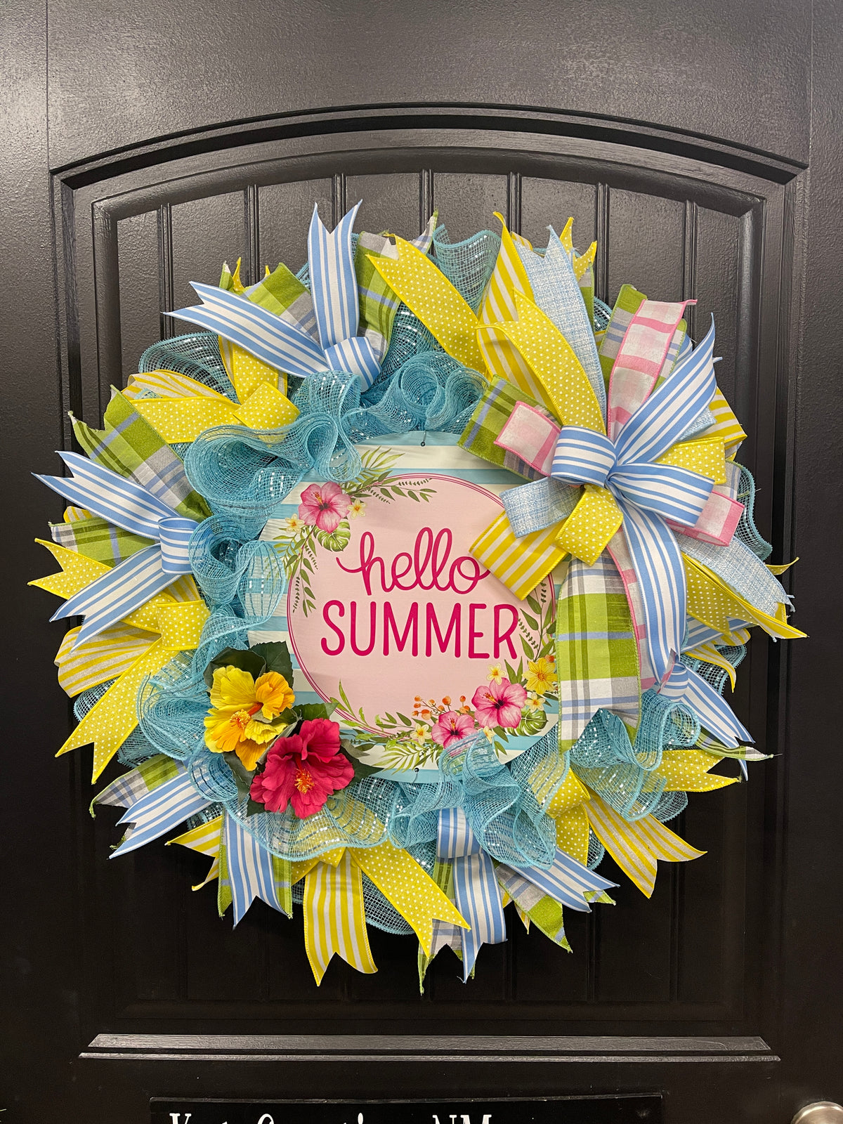 Hello Summer Wreath, Hibiscus Floral Front Door Decor, Beach House Decoration, KatsCreationsNMore
