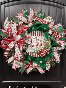 Feliz Navidad Candy Cane Wreath, Hispanic Christmas Front Door Decor, KatsCreationsNMore