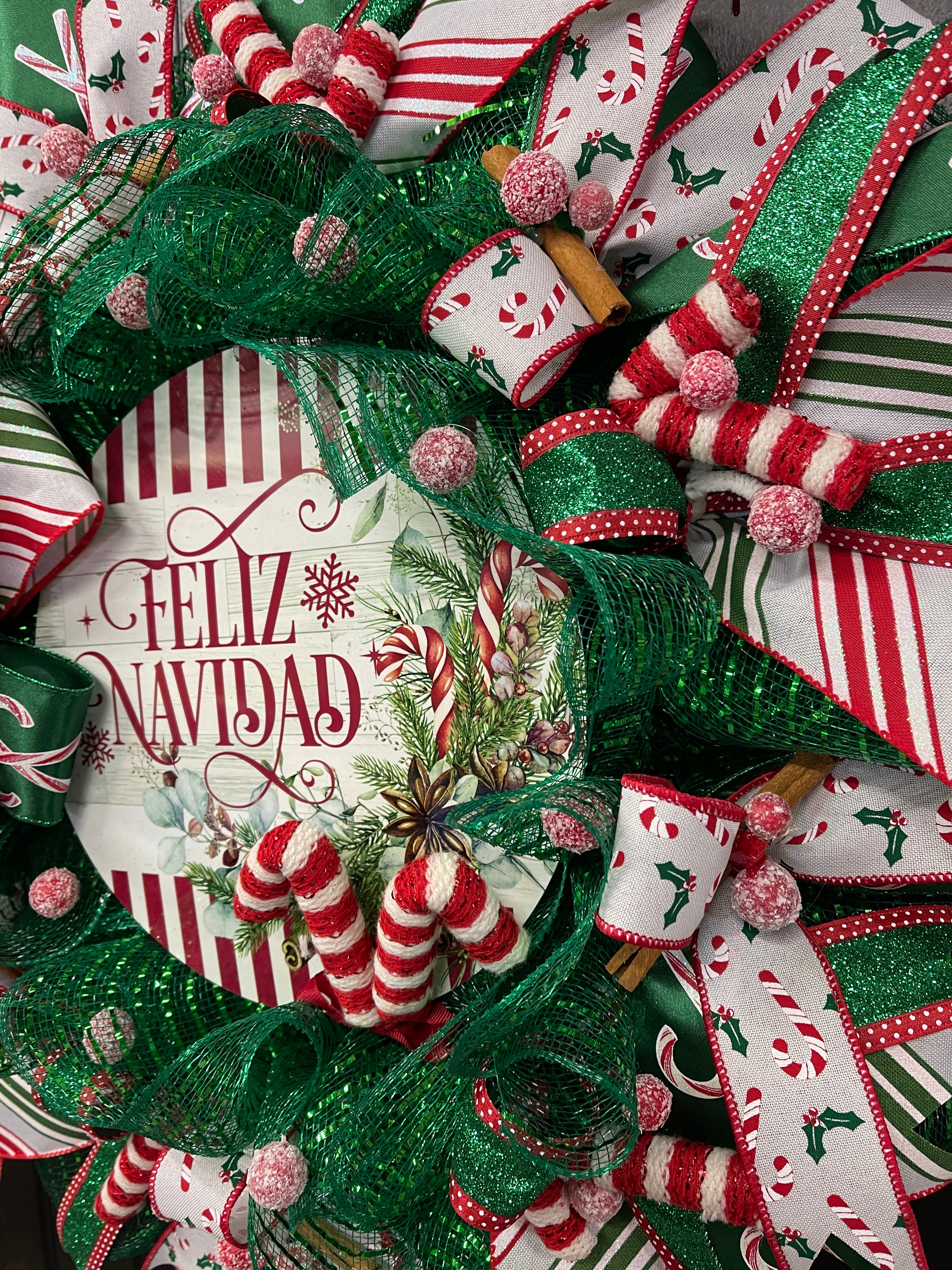 Feliz Navidad Candy Cane Wreath, Hispanic Christmas Front Door Decor, KatsCreationsNMore