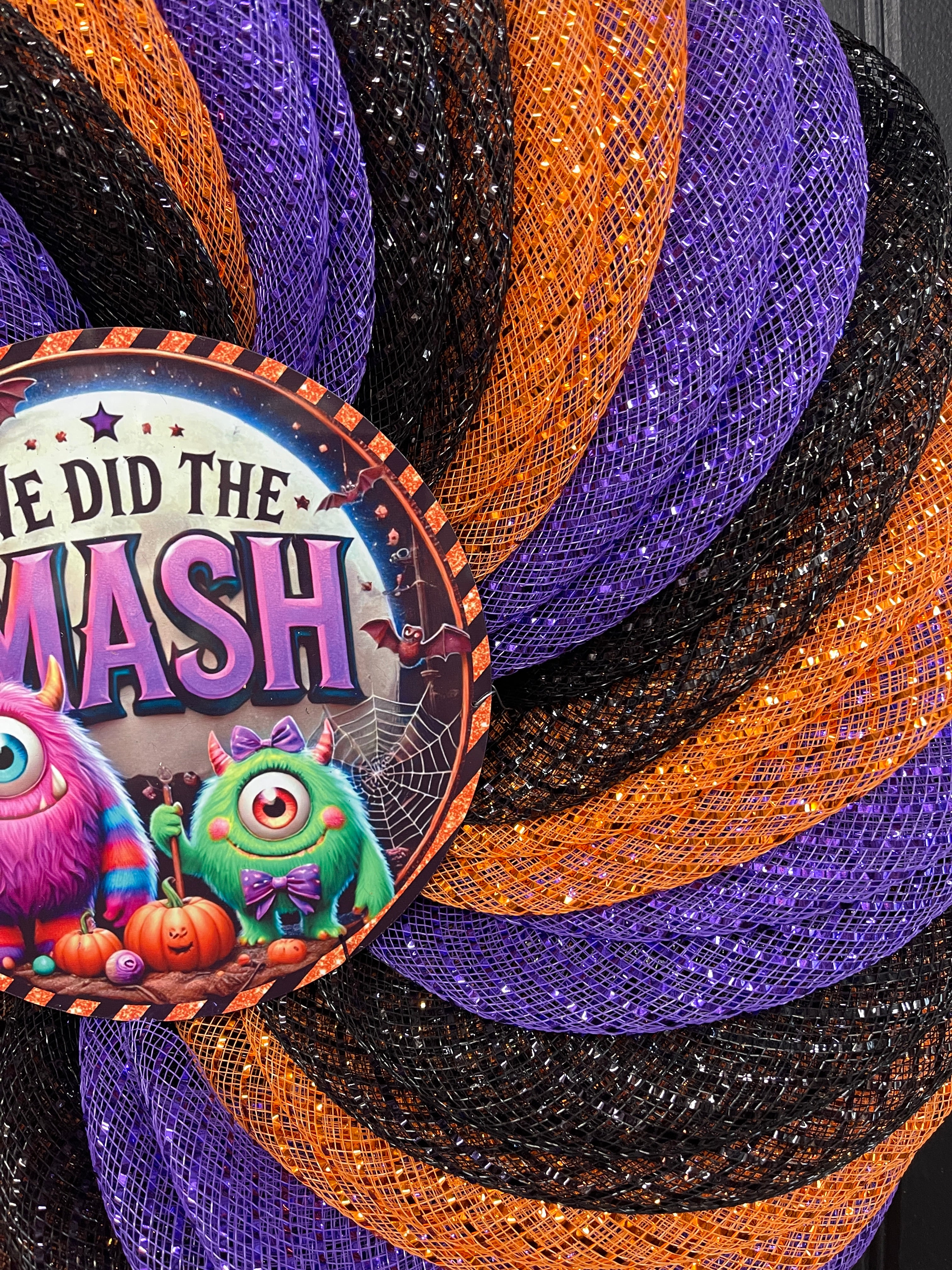 We Did the Mash Halloween Wreath – Monster Mash Spiral Deco Mesh Wreath in Orange, Black & Purple – Spooky Cute Door Decor - KatsCreationsNMore