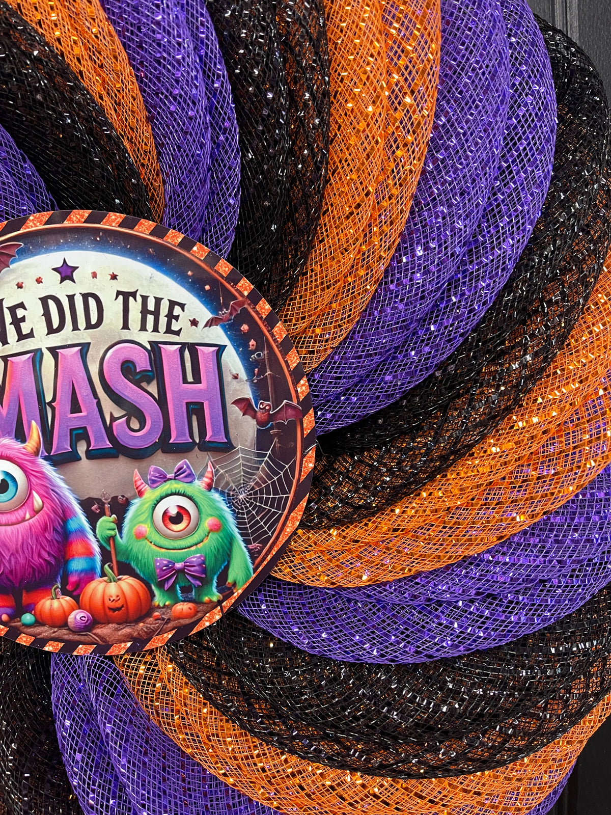 We Did the Mash Halloween Wreath – Monster Mash Spiral Deco Mesh Wreath in Orange, Black & Purple – Spooky Cute Door Decor - KatsCreationsNMore