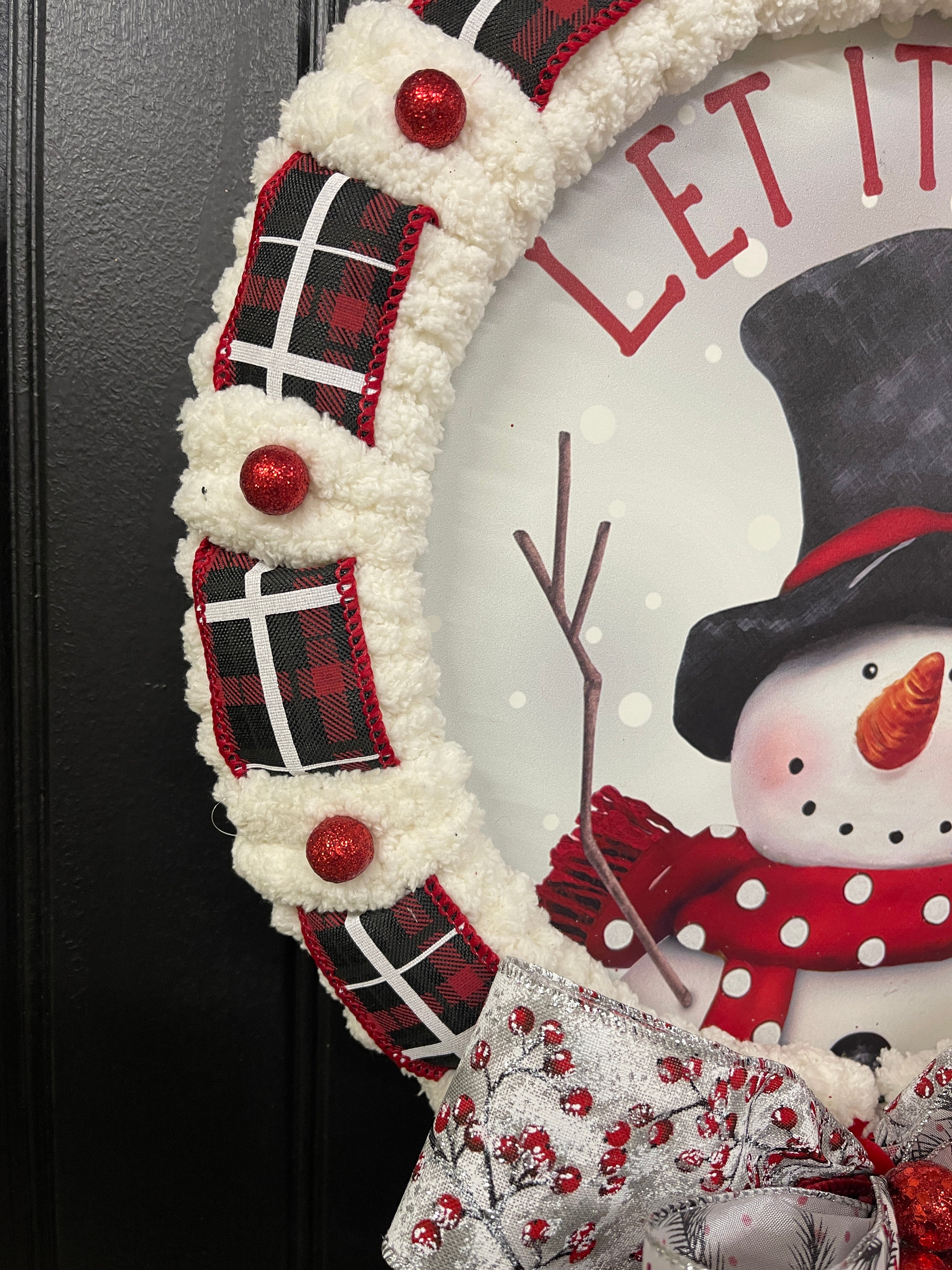 Winter Snowman Let It Snow Wreath, Buffalo Plaid Christmas Storm Door Decor, KatsCreationsNMore