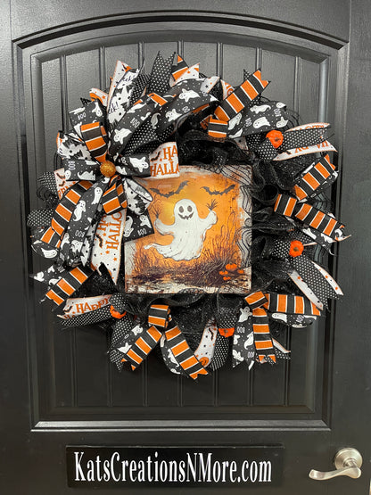 Halloween Ghost Deco Mesh Wreath | Cute Ghost Front Door Wreath | Handmade Halloween Decor | Black Orange Mesh Wreath | Halloween Porch Decor