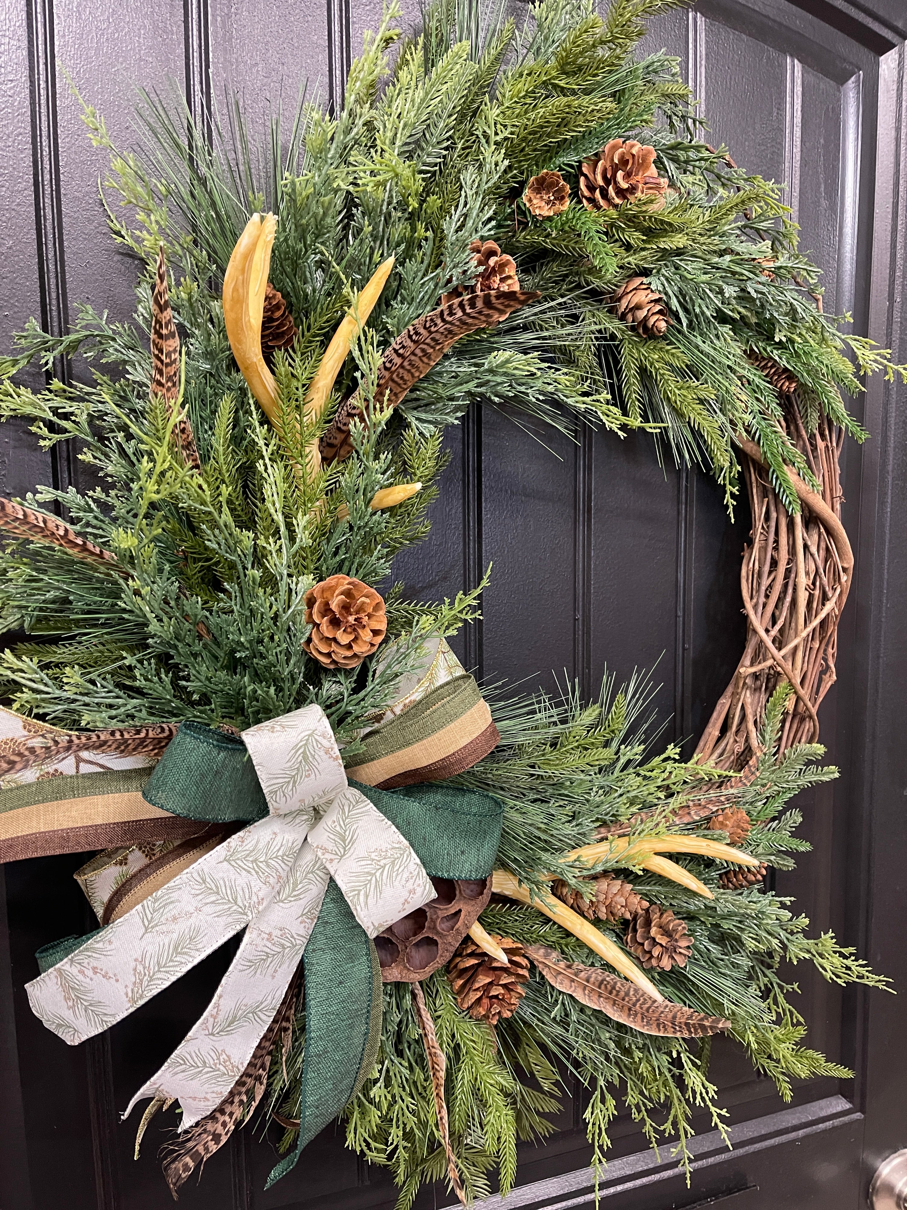 Norfolk Cedar and Pine Grapevine Antler Pheasant Wreath, Year