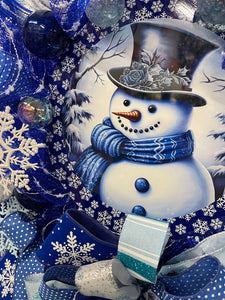 Blue Winter Snowman Christmas Wreath for Front Door by KatsCreationsNMore