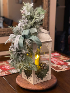 Winter Frost Lantern Centerpiece | Frosted Greenery & Sage Bow Christmas Table Decor | Rustic Farmhouse Holiday Arrangement | KatsCreationsNMore