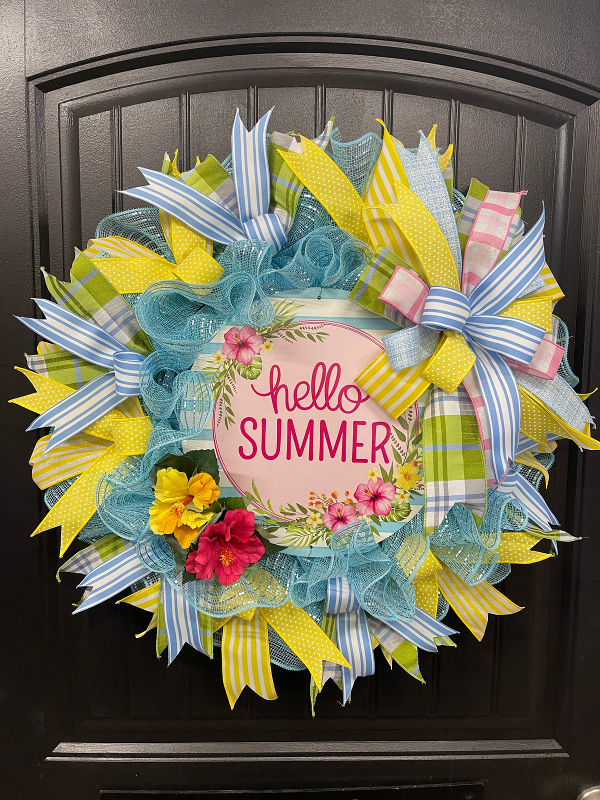 Hello Summer Wreath, Hibiscus Floral Front Door Decor, Beach House Decoration, KatsCreationsNMore