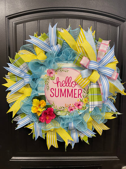 Hello Summer Wreath, Hibiscus Floral Front Door Decor, Beach House Decoration, KatsCreationsNMore