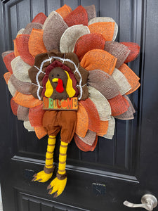 Storm Door Turkey Wreath – Flat Mesh Fall Door Decor with Welcome Sign – Thanksgiving Front Door Decoration by KatsCreationsNMore