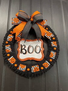 Halloween “BOO” Wreath for Front Door – 16-Inch Black & Orange Jack-O’-Lantern Wreath – Storm Door Friendly - KatsCreationsNMore