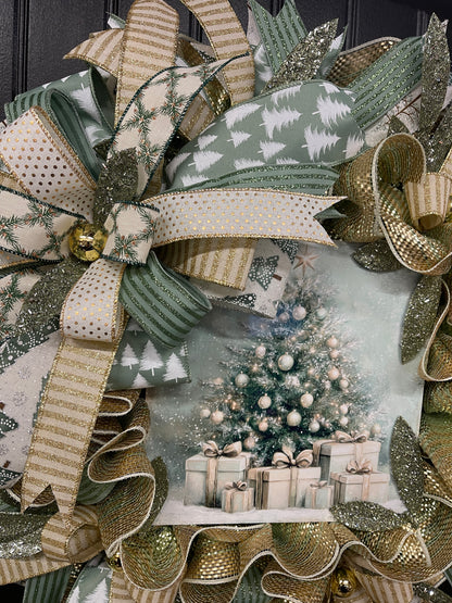 Sage & Champagne Gold Christmas Wreath — Elegant Winter Door Decor, KatsCreationsNMore