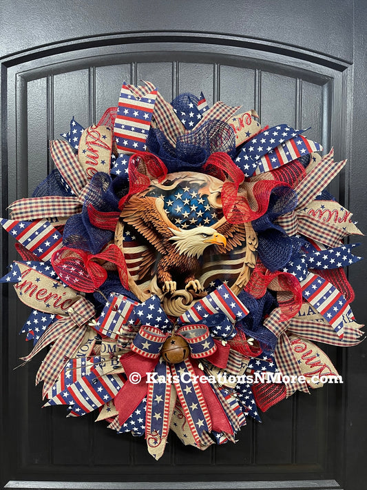 Vintage Americana Eagle Wreath – Patriotic Front Door Decor – One of a Kind Handmade Patriotic Wreath - KatsCreationsNMore