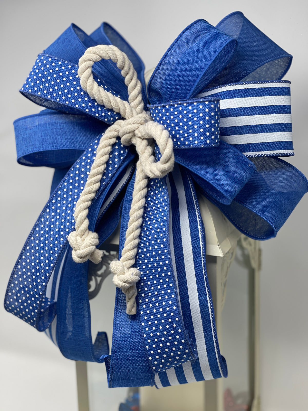 Nautical Blue And White Rope Bow Set, Coastal Lantern Bow, Patriotic Mailbox Bow, Beach House Decor, Front Door Bow Set