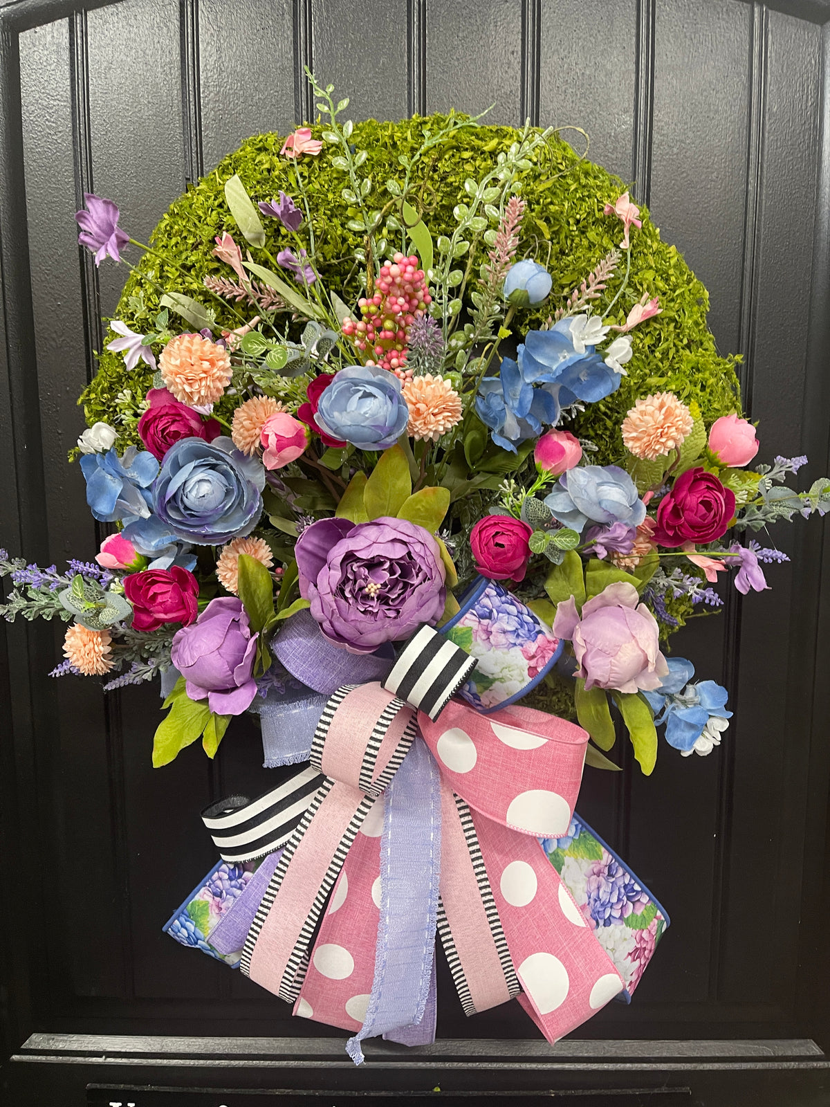 Spring Meadow Floral Moss  Wreath, Everyday Flower Front Door Decor, KatsCreationsNMore