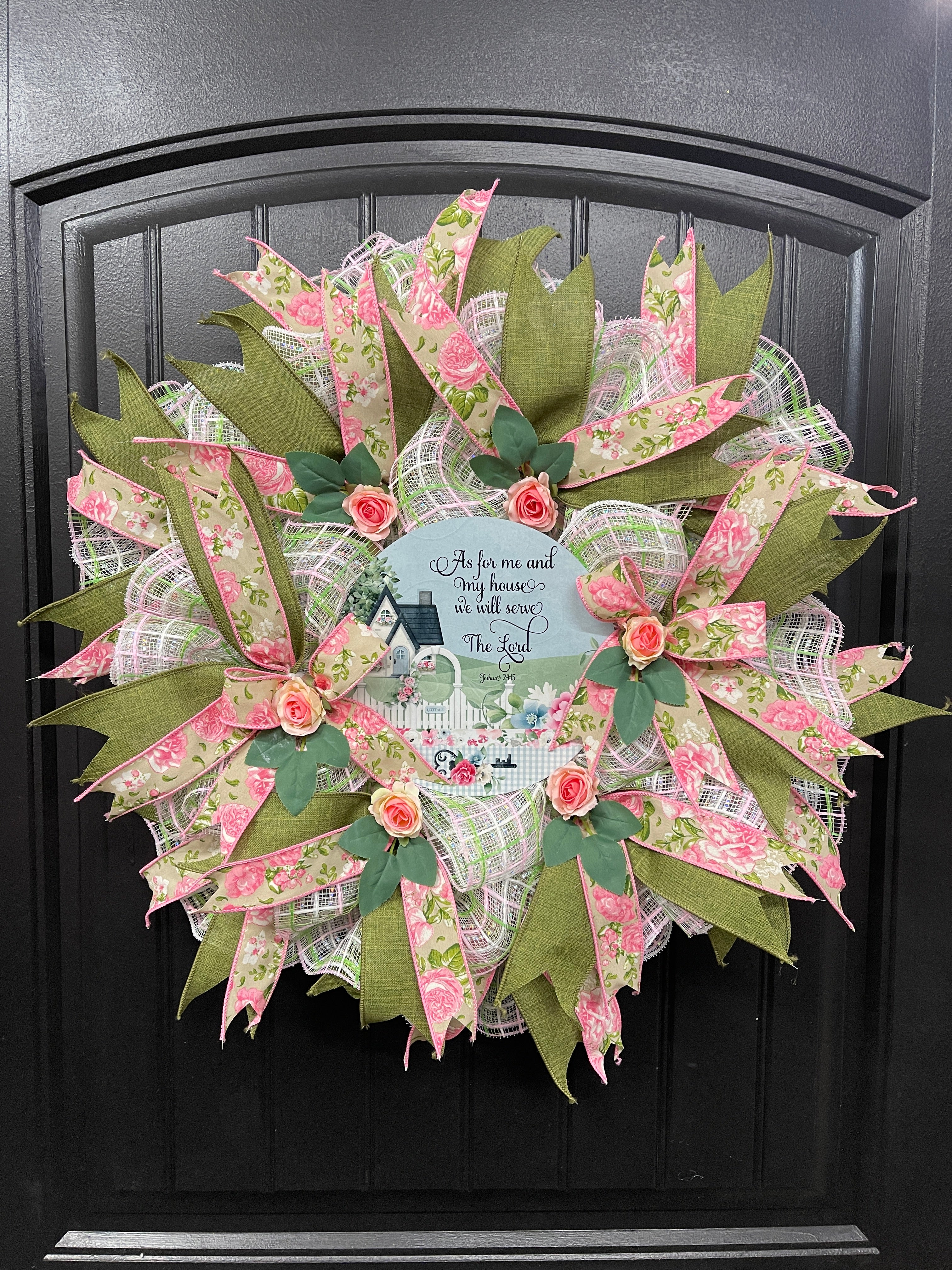 Spring Rose Floral Storm Door Wreath, Joshua 24:15 Religious Front Door Decor, KatsCreationsNMore