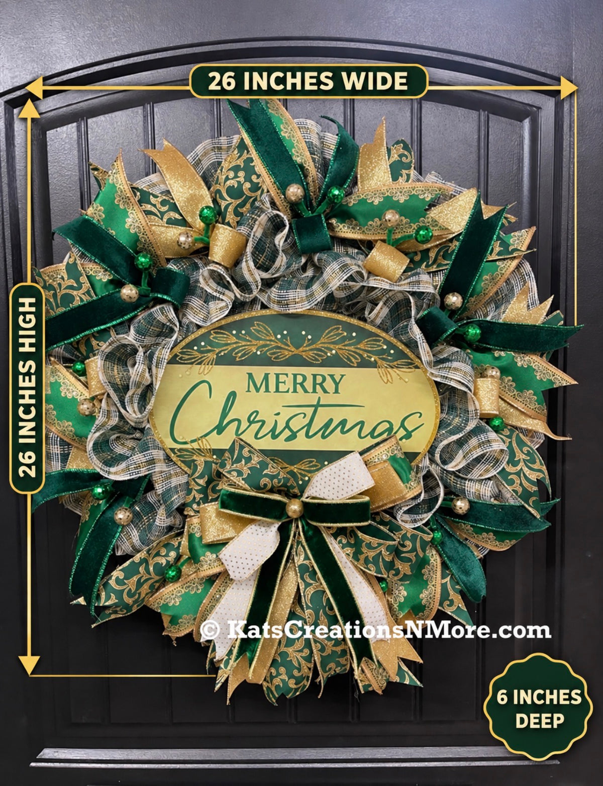 Elegant Victorian Green & Gold Merry Christmas Wreath | Handmade Holiday Door Decor | Velvet Ribbon Christmas Wreath | KatsCreationsNMore