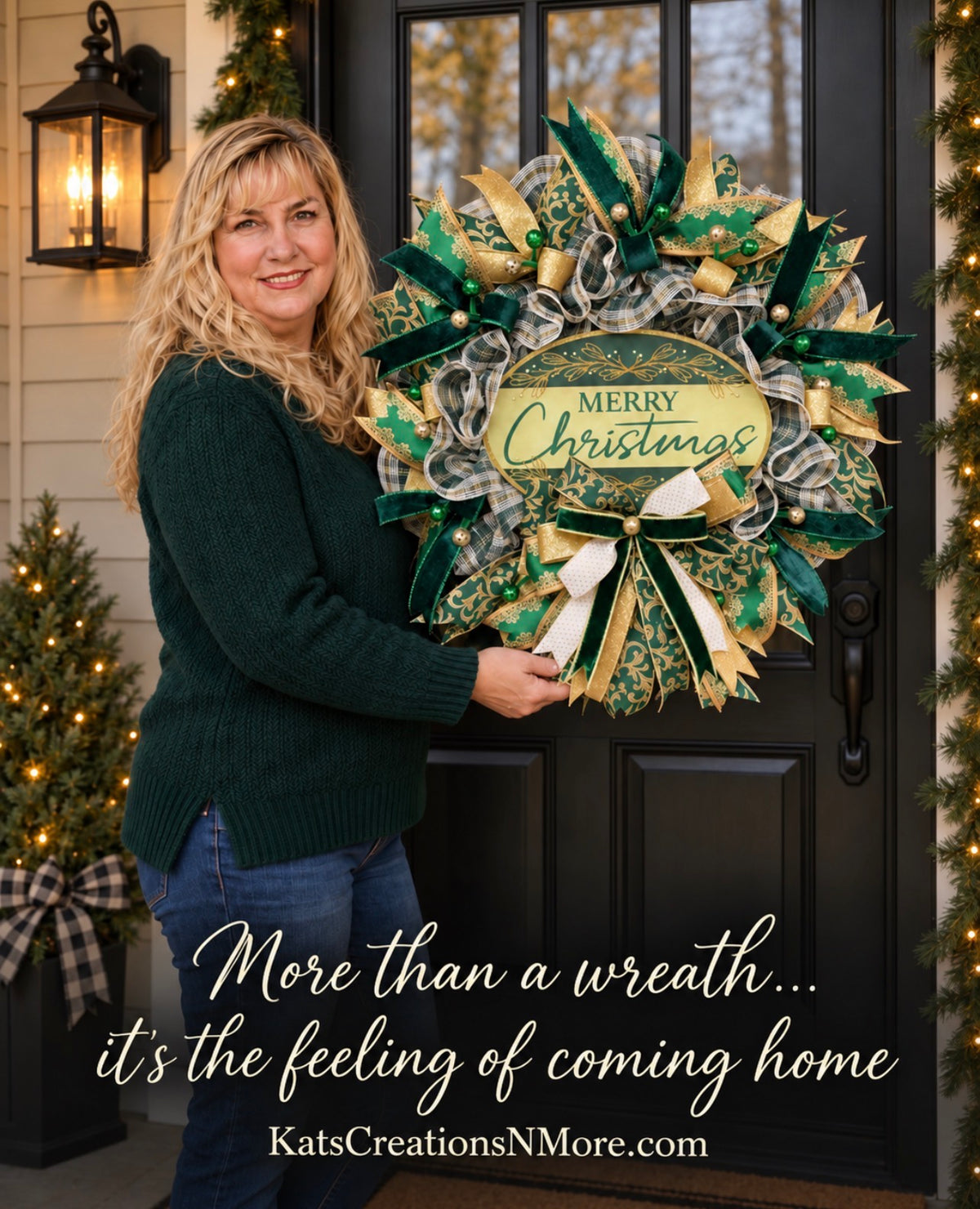 Elegant Victorian Green & Gold Merry Christmas Wreath | Handmade Holiday Door Decor | Velvet Ribbon Christmas Wreath | KatsCreationsNMore
