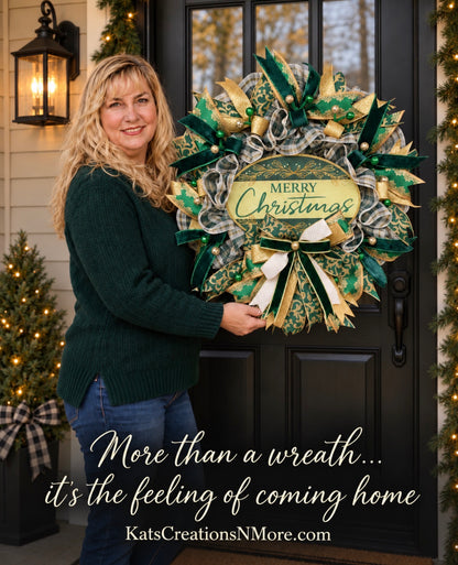 Elegant Victorian Green & Gold Merry Christmas Wreath | Handmade Holiday Door Decor | Velvet Ribbon Christmas Wreath | KatsCreationsNMore