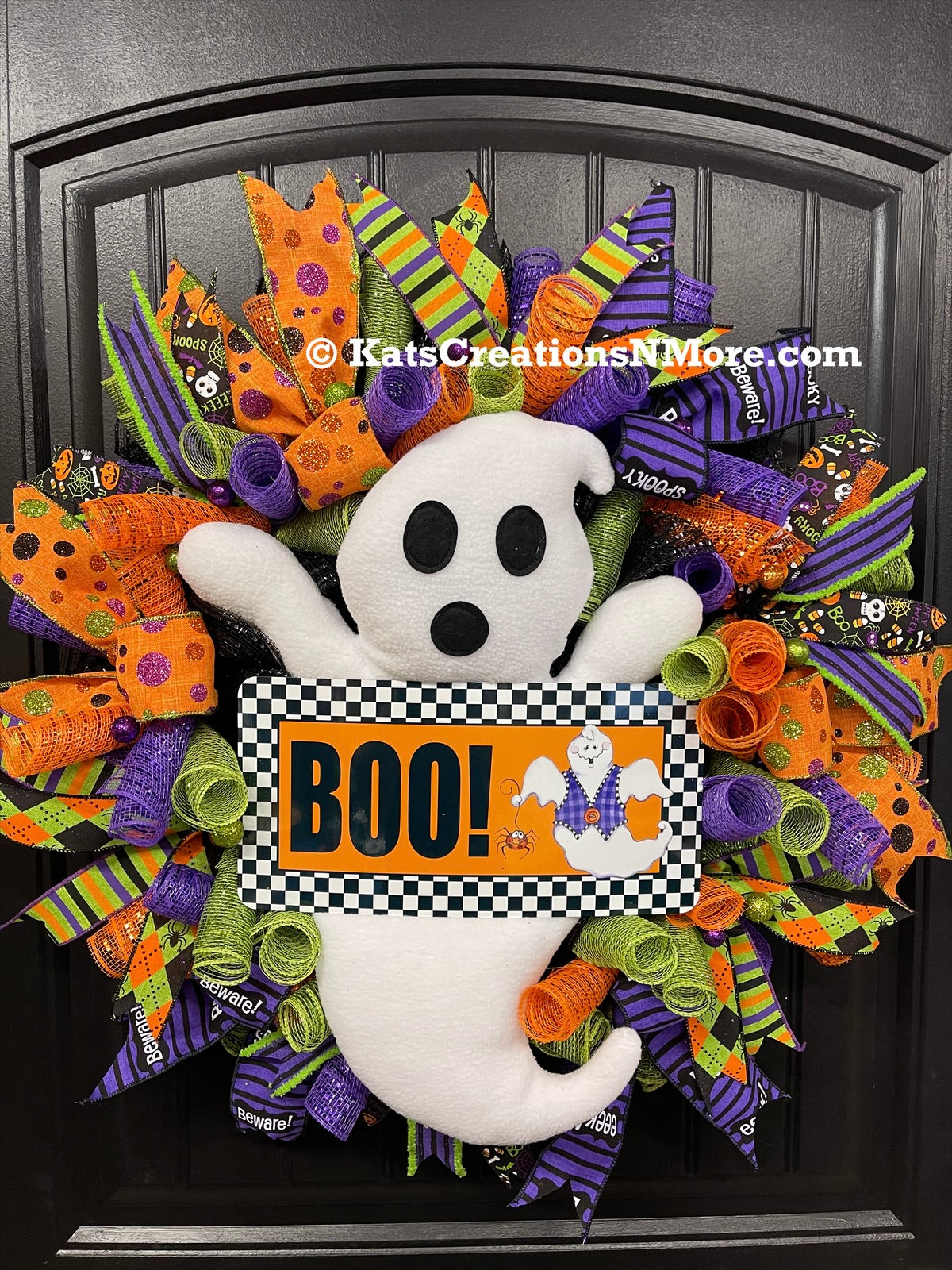 Ghost Halloween Wreath for Front Door – Cute Spooky Deco Mesh Wreath with Plush Ghost and Ribbons – Handmade Halloween Decor -  KatsCreationsNMore