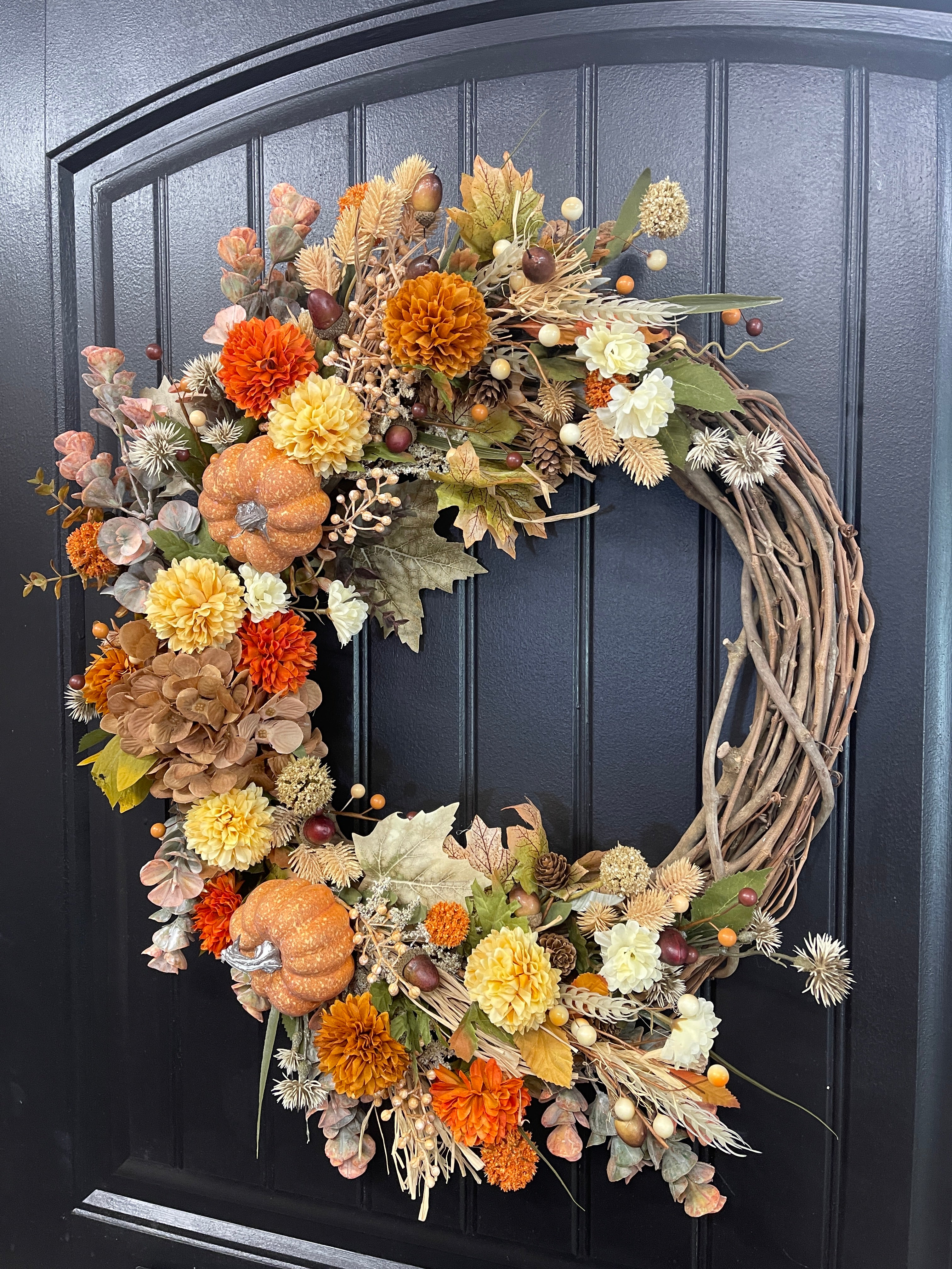 Fall Pumpkin & Floral Grapevine Wreath – Warm Autumn Harvest Door Decor, KatsCreationsNMore