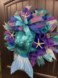 Mermaid Tail Beach Wreath, Coastal Summer Front Door Decor, KatsCreationsNMore