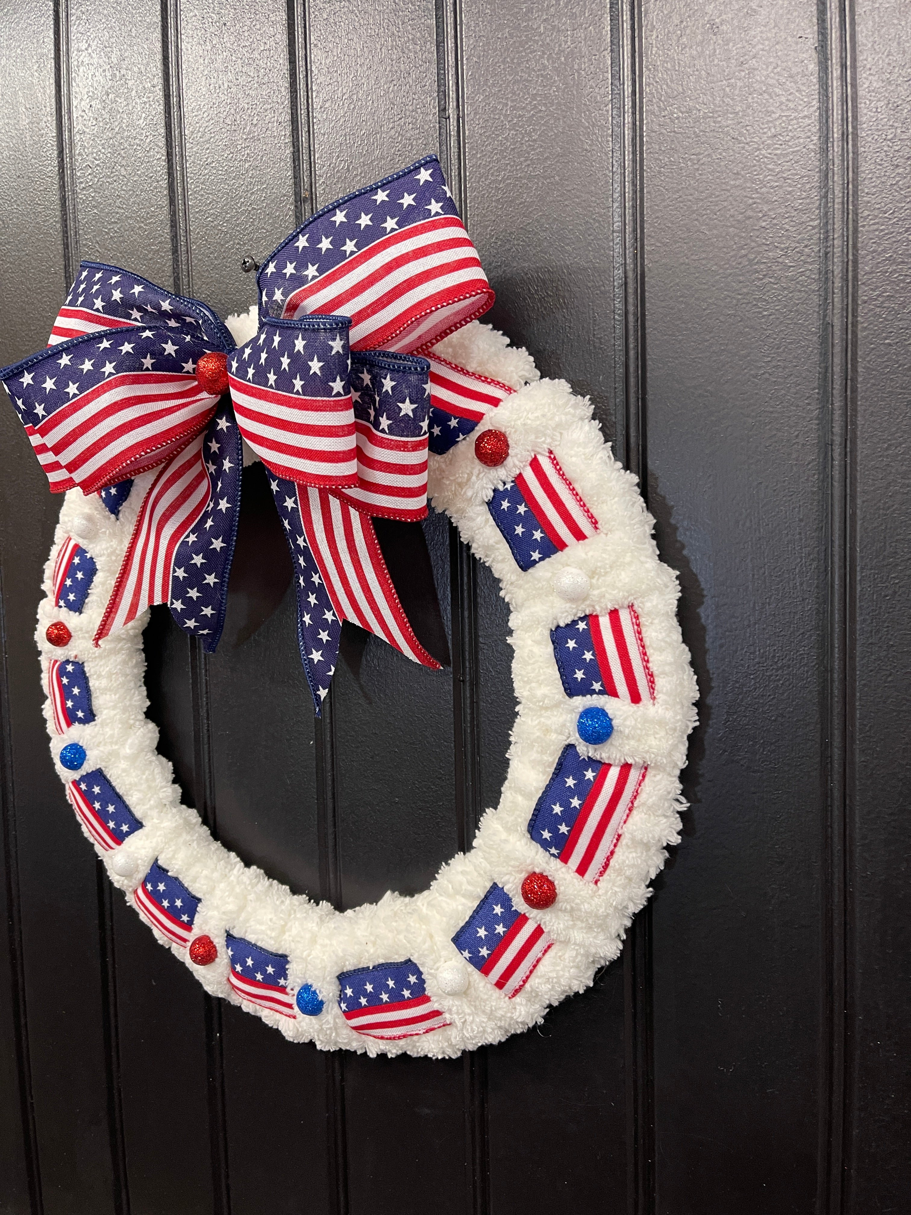 Patriotic Flag Chenille Wreath, 4th of July Front Door Decor, KatsCreationsNMore