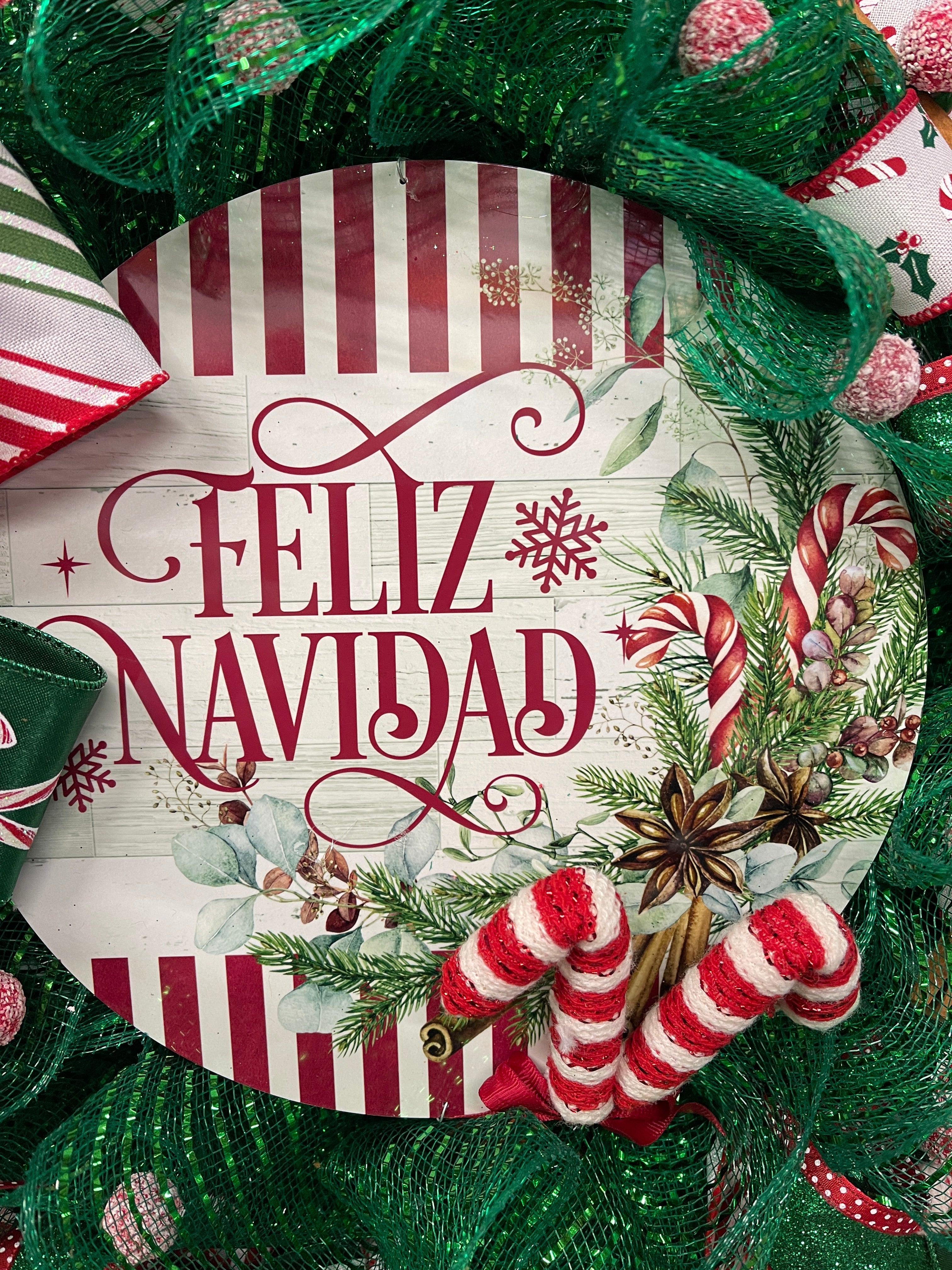 Feliz Navidad Candy Cane Wreath, Hispanic Christmas Front Door Decor, KatsCreationsNMore