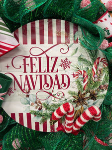 Feliz Navidad Candy Cane Wreath, Hispanic Christmas Front Door Decor, KatsCreationsNMore