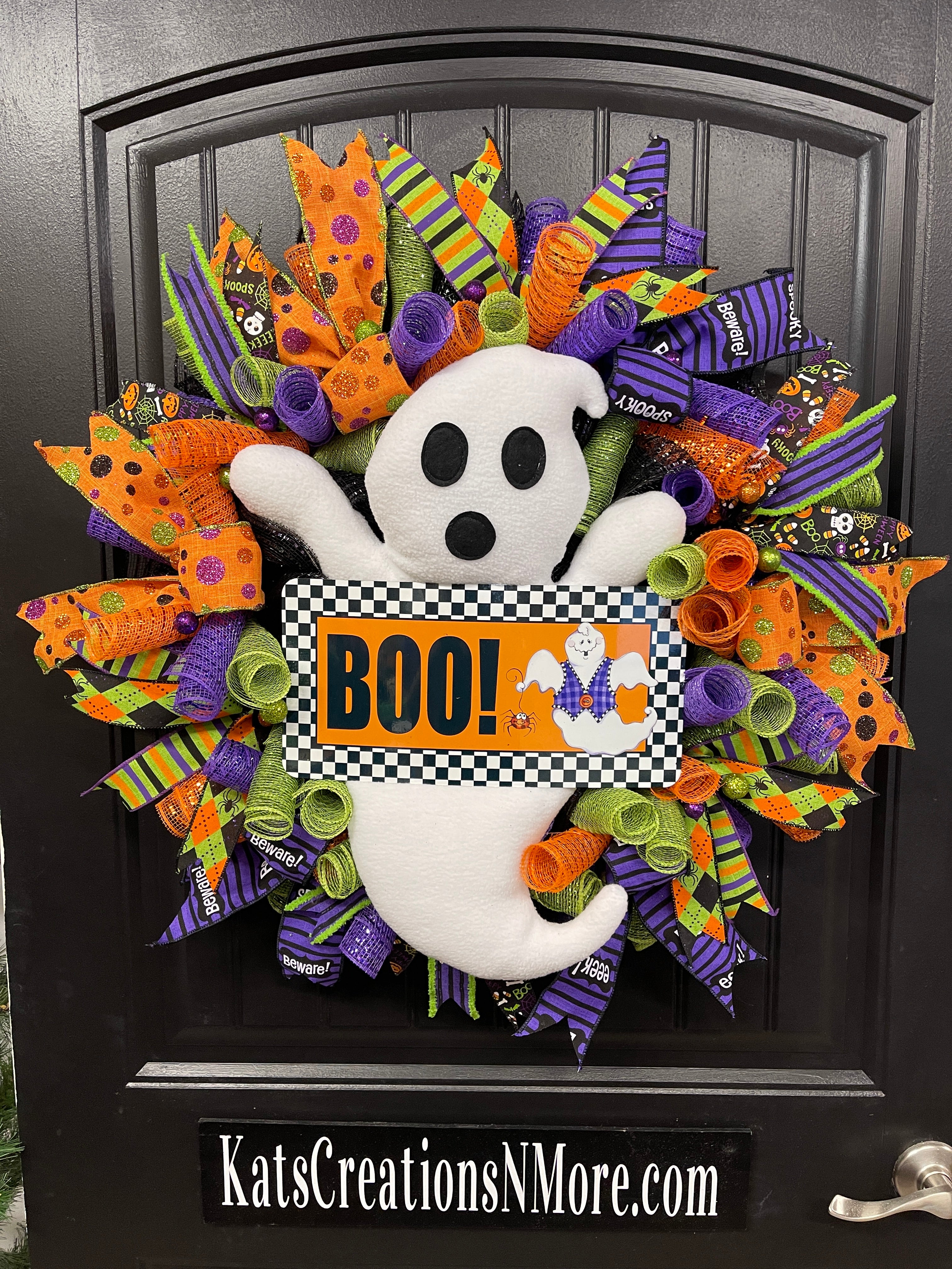 Ghost Halloween Wreath for Front Door – Cute Spooky Deco Mesh Wreath with Plush Ghost and Ribbons – Handmade Halloween Decor -  KatsCreationsNMore