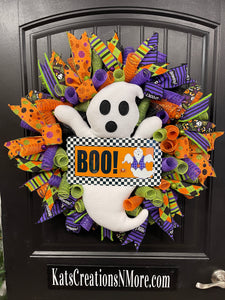 Ghost Halloween Wreath for Front Door – Cute Spooky Deco Mesh Wreath with Plush Ghost and Ribbons – Handmade Halloween Decor -  KatsCreationsNMore