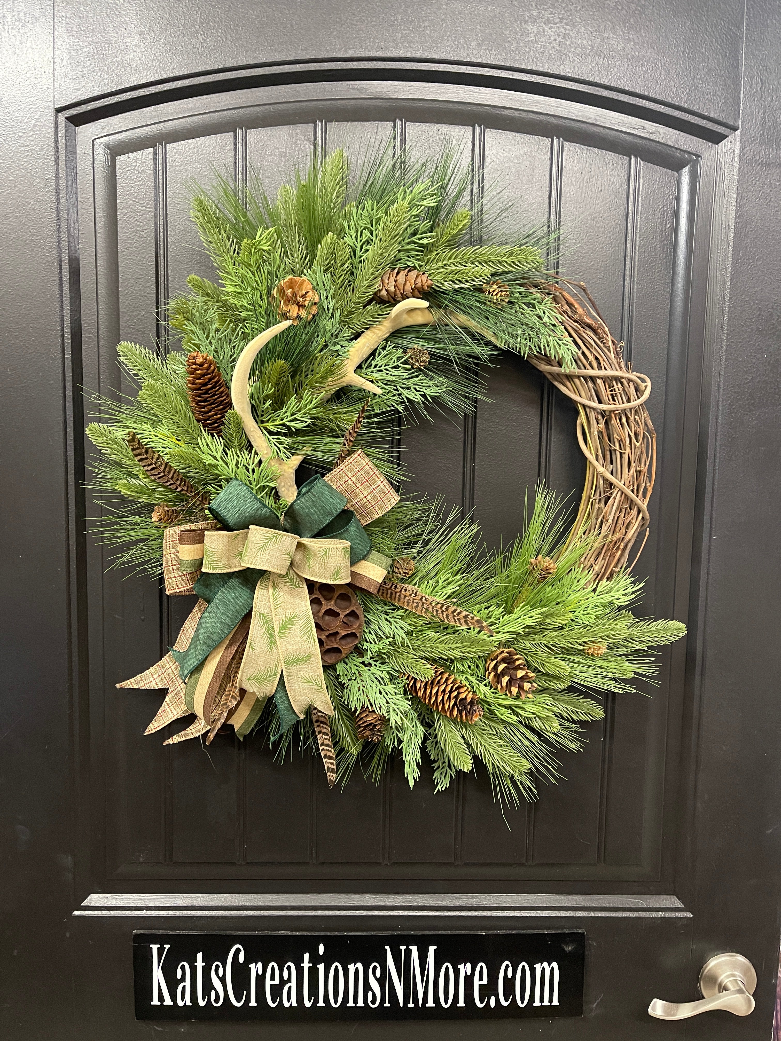 Deer Antler Pheasant Feather Pine Grapevine Wreath, Hunting Front Door Decor, KatsCreationsNMore