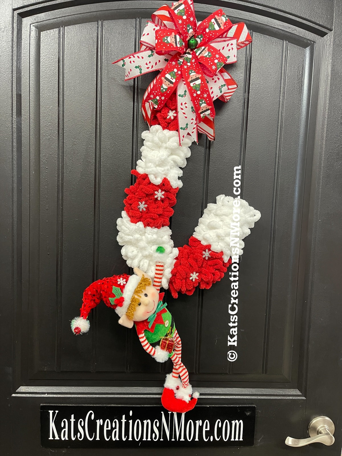 Candy Cane Christmas Elf Wreath, Holiday Yarn Front Door Decor, KatsCreationsNMore