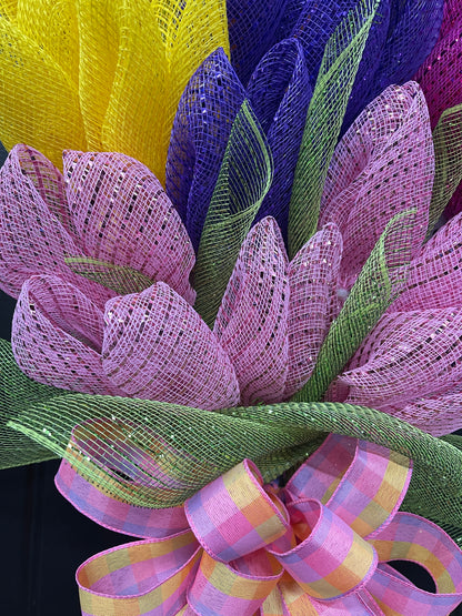 Spring Deco Mesh Tulip Bouquet Wreath, Floral Swag Front Door Decor, KatsCreationsNMore