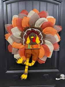 Storm Door Turkey Wreath – Flat Mesh Fall Door Decor with Welcome Sign – Thanksgiving Front Door Decoration by KatsCreationsNMore