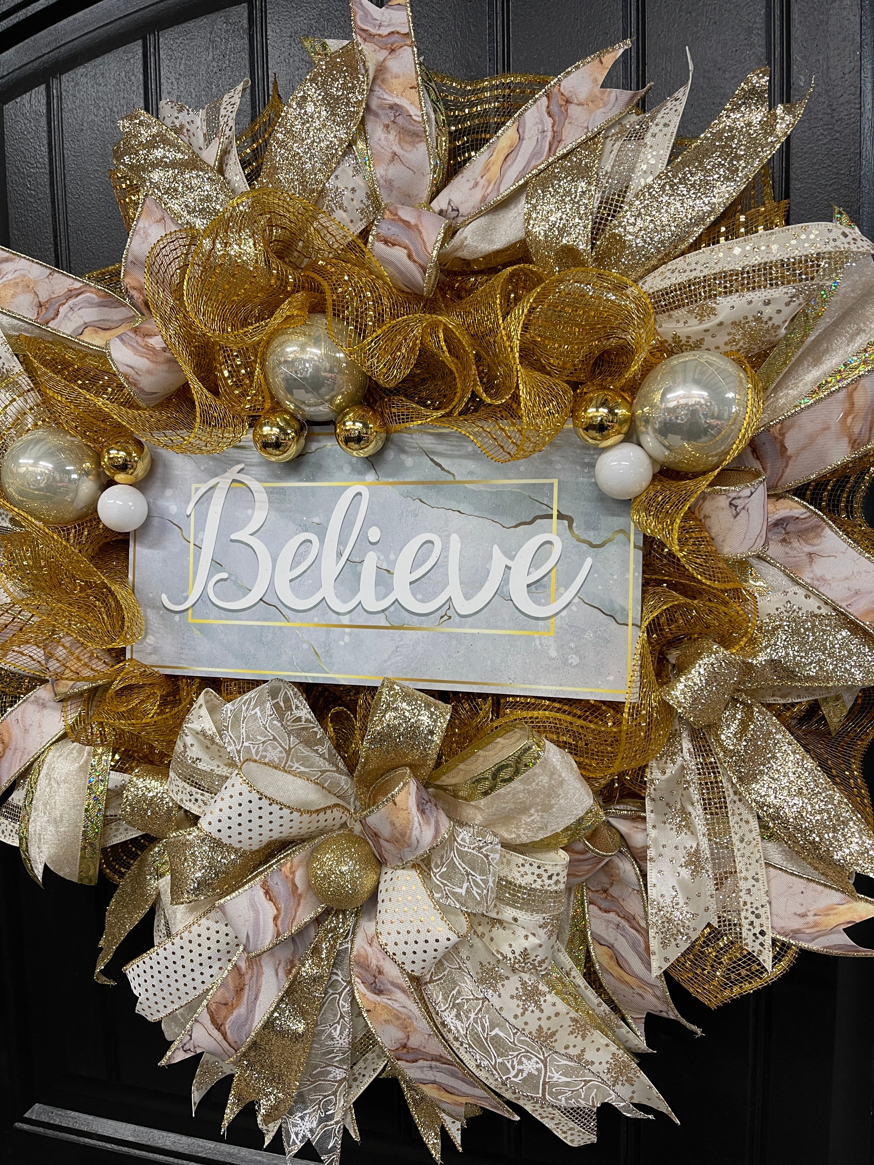 Gold Marble Believe Christmas Wreath, Metallic Holiday Front Door Decor, KatsCreationsNMore