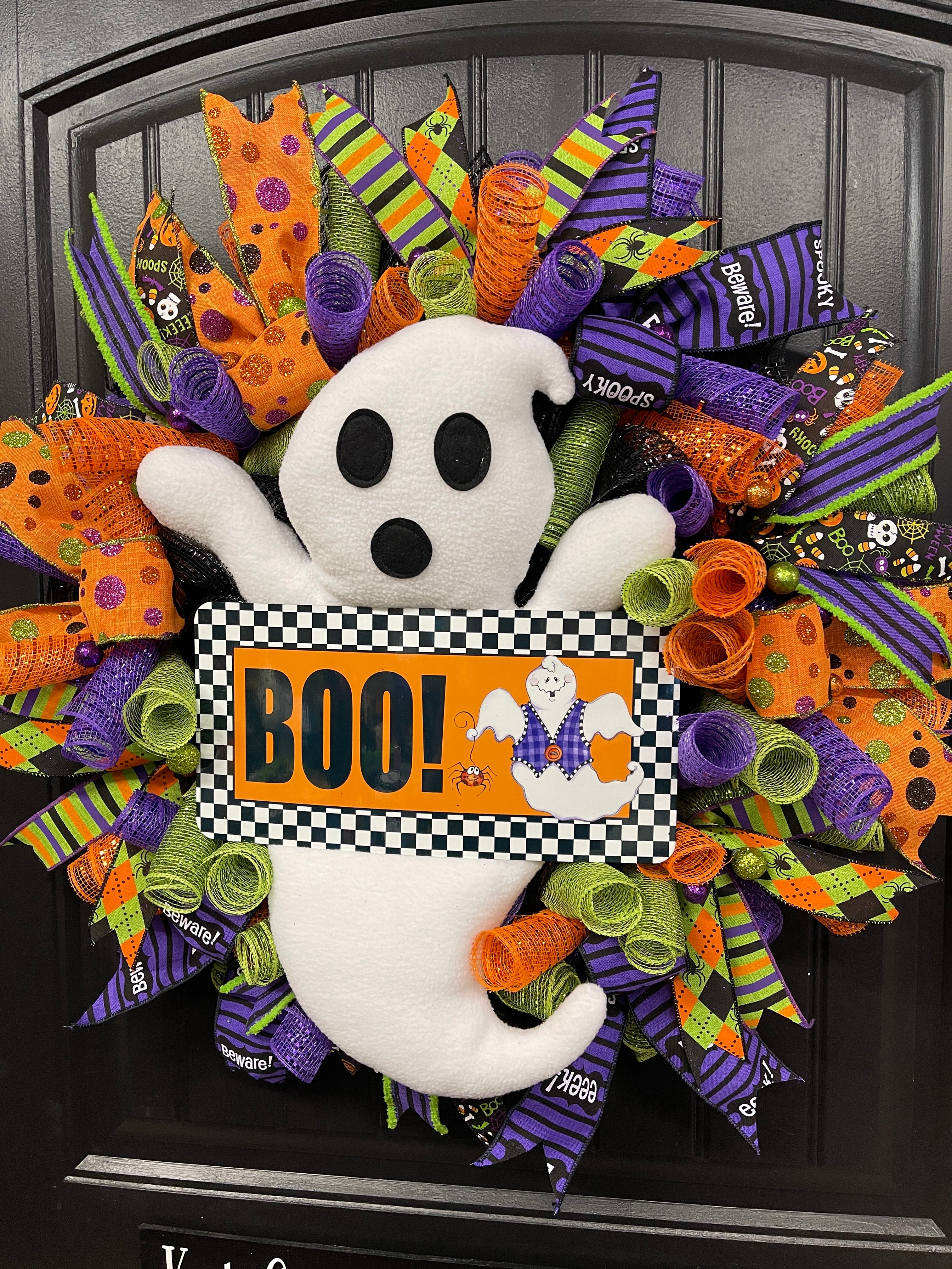 Ghost Halloween Wreath for Front Door – Cute Spooky Deco Mesh Wreath with Plush Ghost and Ribbons – Handmade Halloween Decor -  KatsCreationsNMore
