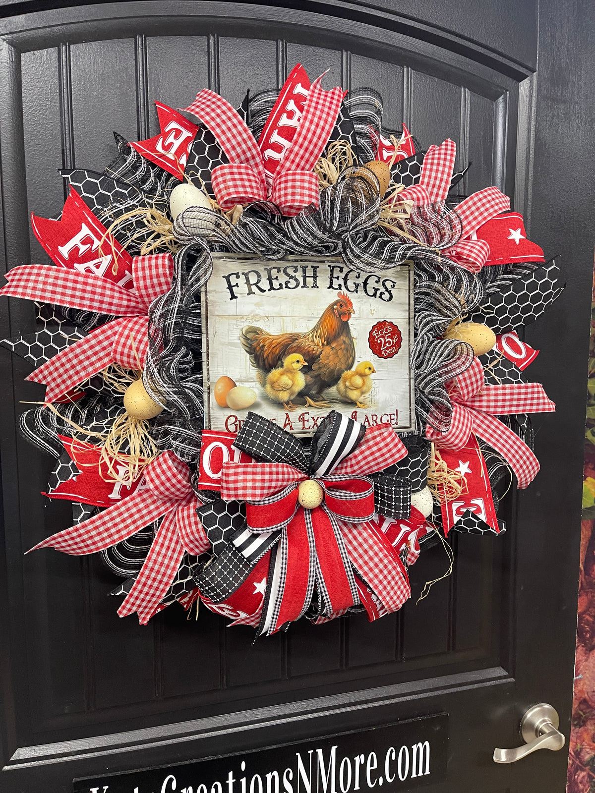 Farmhouse Chicken Wreath, Fresh Eggs Front Door Wreath, Rustic Chicken Wreath, Country Farmhouse Decor, Red Gingham Spring Summer Wreath, KatsCreationsNMore