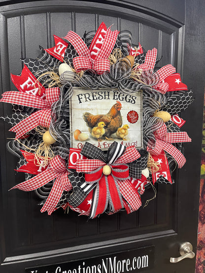 Farmhouse Chicken Wreath, Fresh Eggs Front Door Wreath, Rustic Chicken Wreath, Country Farmhouse Decor, Red Gingham Spring Summer Wreath, KatsCreationsNMore