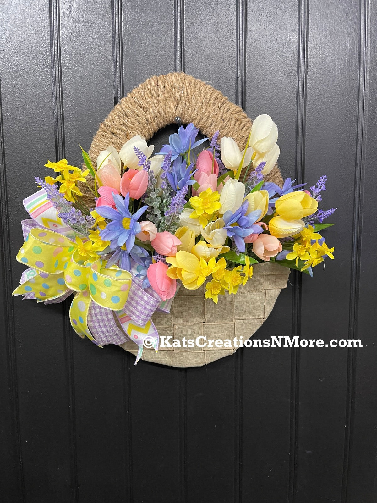 Spring Floral Basket Wreath, Easter Flowers Front Door Decor, Gift for Mother’s Day, KatsCreationsNMore
