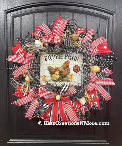 Farmhouse Chicken Wreath, Fresh Eggs Front Door Wreath, Rustic Chicken Wreath, Country Farmhouse Decor, Red Gingham Spring Summer Wreath, KatsCreationsNMore