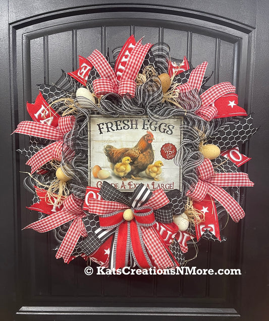 Farmhouse Chicken Wreath, Fresh Eggs Front Door Wreath, Rustic Chicken Wreath, Country Farmhouse Decor, Red Gingham Spring Summer Wreath, KatsCreationsNMore