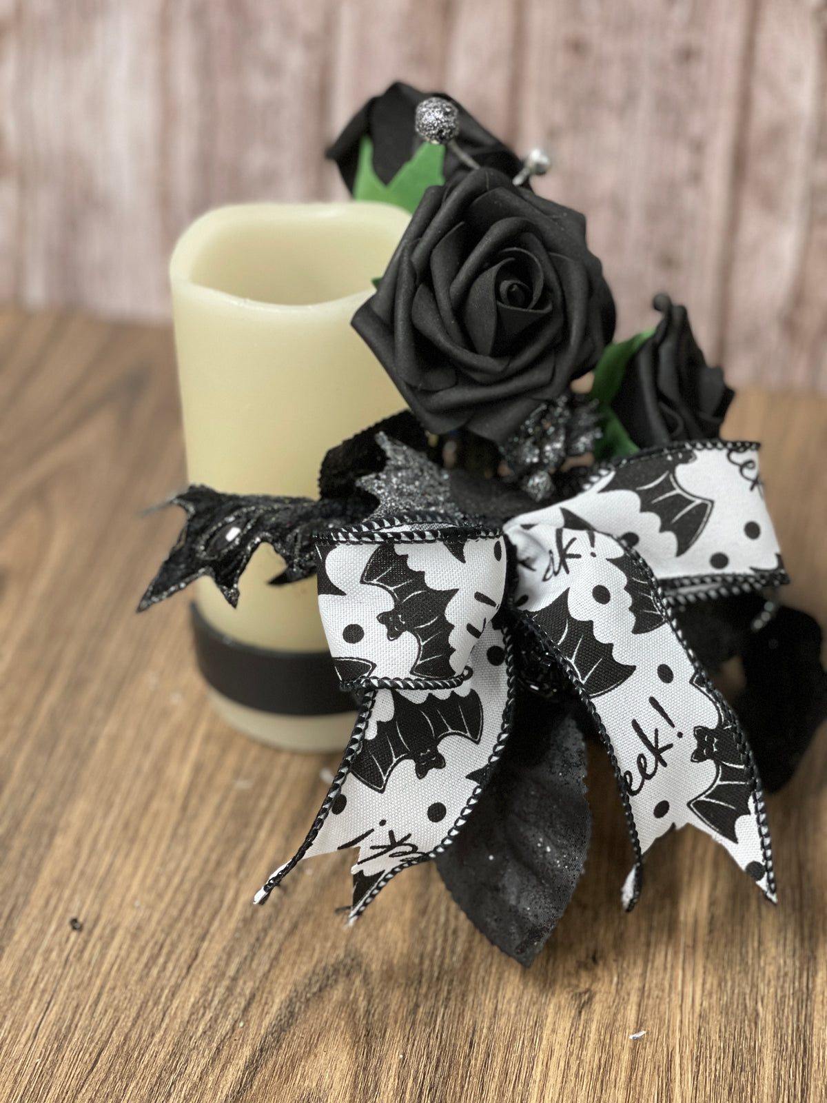 Halloween Floral Bottle Bouquet, Spooky Black Rose Centerpiece, Spider Candle Holder Arrangement, KatsCreationsNMore