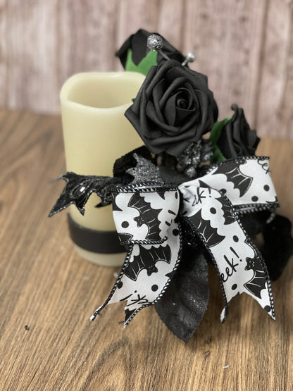 Halloween Floral Bottle Bouquet, Spooky Black Rose Centerpiece, Spider Candle Holder Arrangement, KatsCreationsNMore