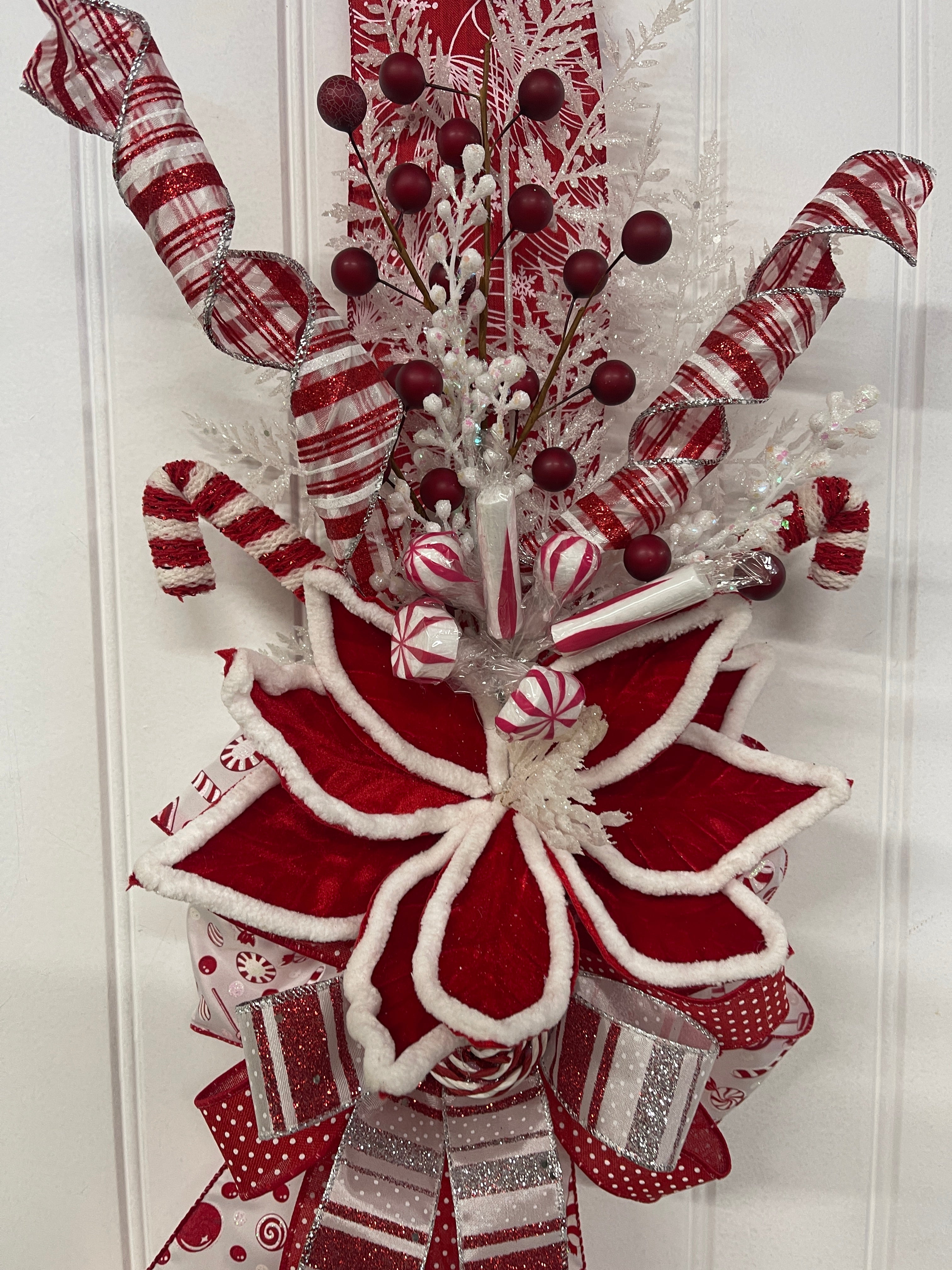 Double Sided Candy Cane Poinsettia Door Ribbon Swag, Holiday Storm Door Decor, KatsCreationsNMore