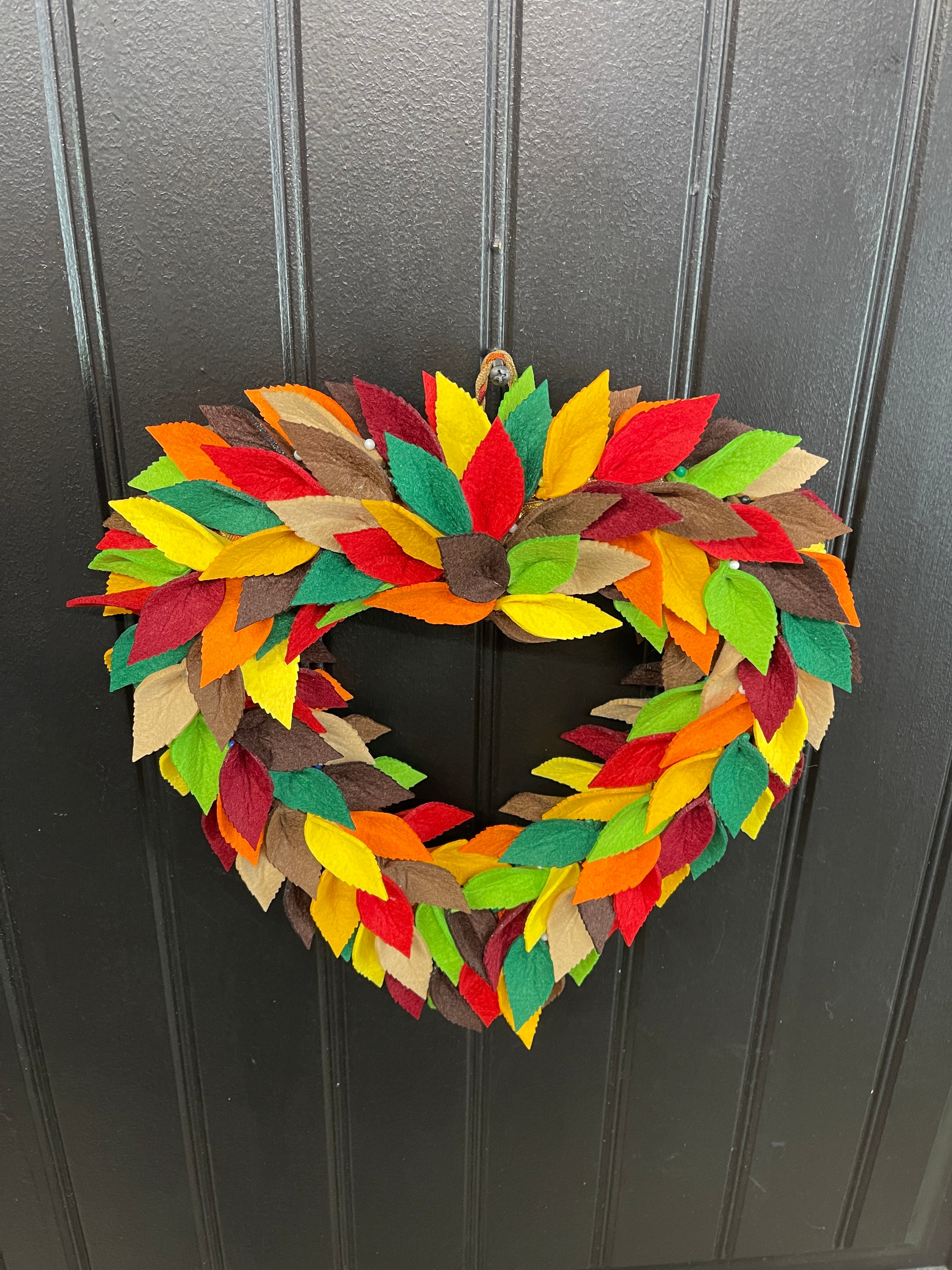 Colorful Felt Leaf Heart Wreath – 14” Fall Storm Door Wreath – Autumn Decor – Handmade Heart-Shaped Wreath – Cozy Seasonal Home Accent, KatsCreationsNMore
