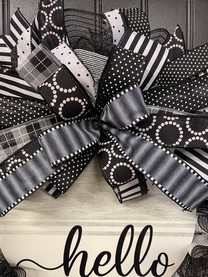 Black & White Hello Classic Everyday Welcome Wreath | Modern Farmhouse Front Door Décor | KatsCreationsNMore