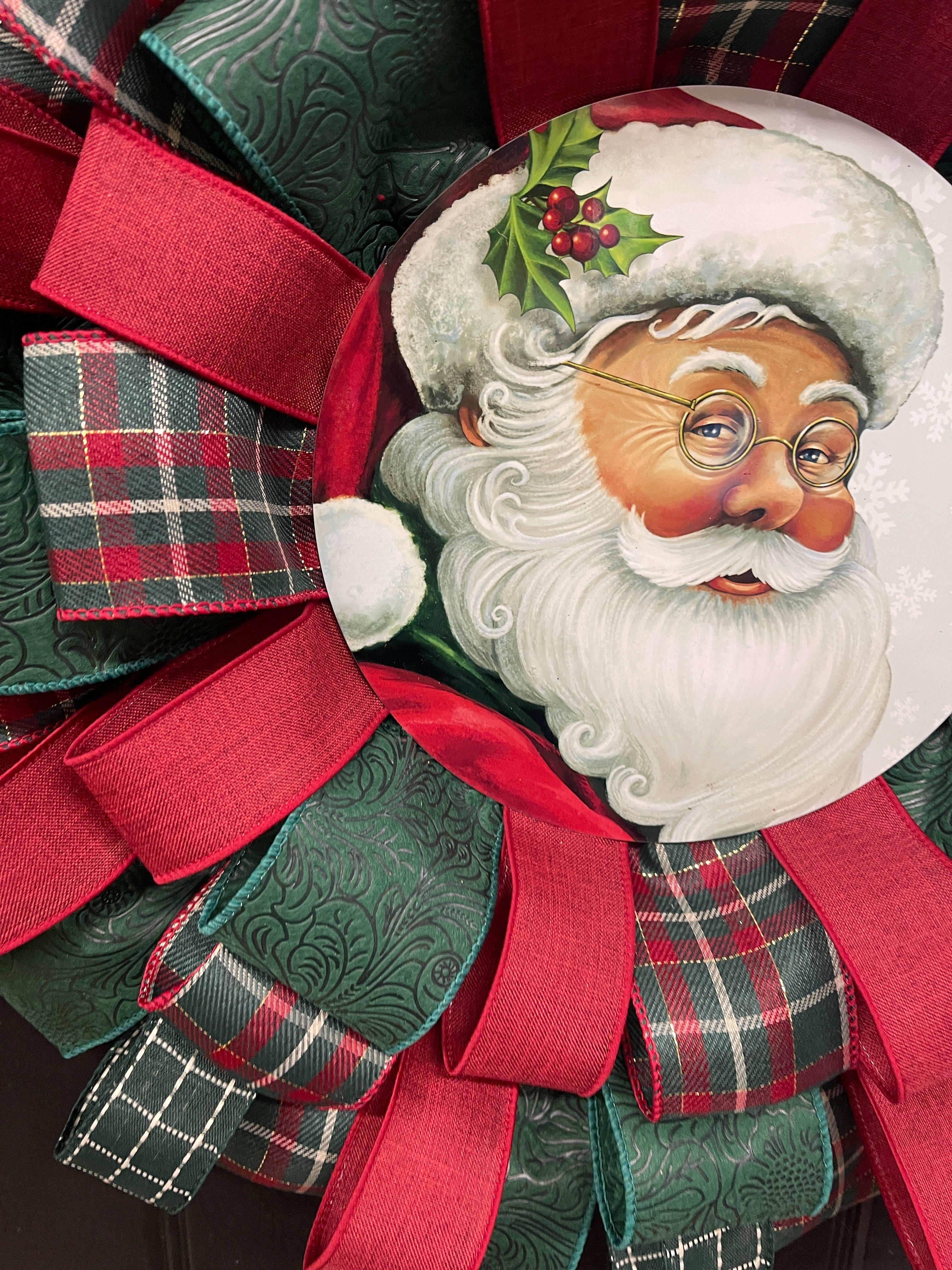 Classic Santa Christmas Ribbon Wreath, Holiday Front Storm Door Decor, KatsCreationsNMore
